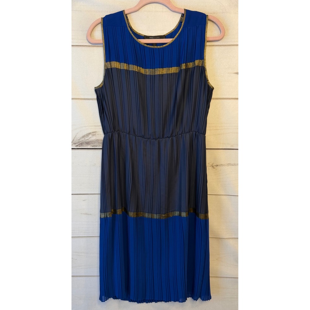 BCBGMAXAZRIA Blue Grey Gold Metallic Pleated Colorblock Sleeveless Dress Medium